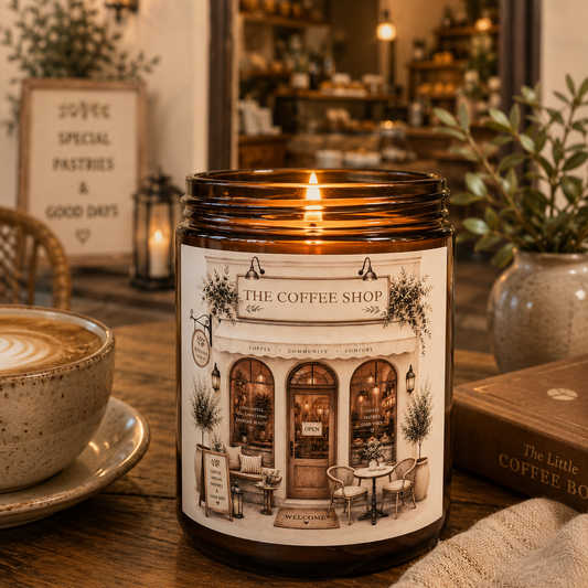 A lit amber glass jar candle with a vintage-style label reading 'THE COFFEE SHOP CO.' sits on a wooden table in a cosy cafe setting, surrounded by a cup of latte, books, and plants.