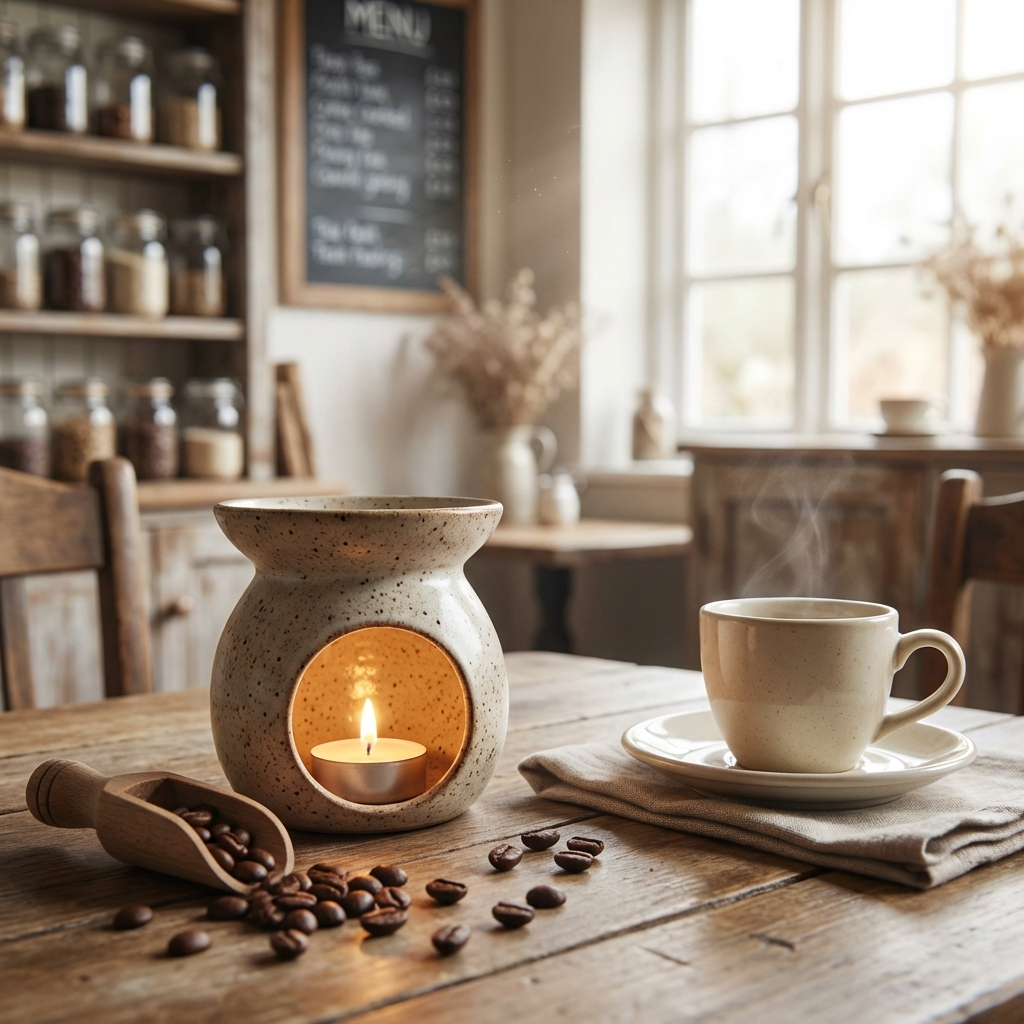 A cozy coffee shop setting with a lit aromatherapy lamp, steaming cup of coffee, and scattered coffee beans on a wooden table.