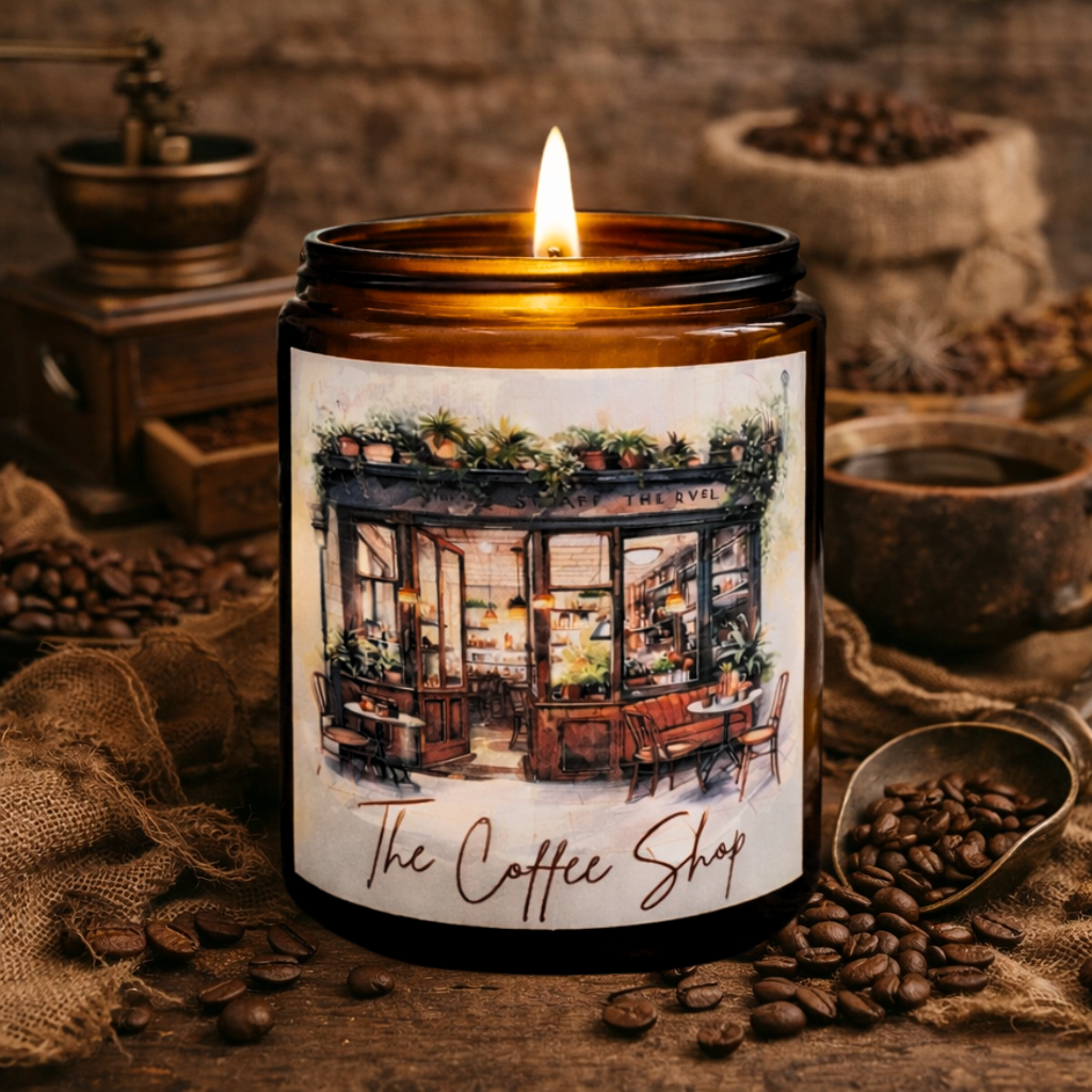 Candle in a jar labeled 'The Coffee Shop' surrounded by coffee beans and a grinder.