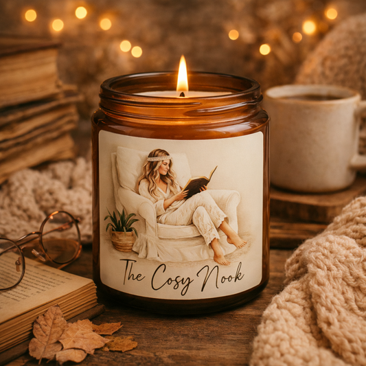 Candle in a jar labeled 'The Cosy Nook' with a woman reading a book, surrounded by cozy items like a mug, glasses, and books.