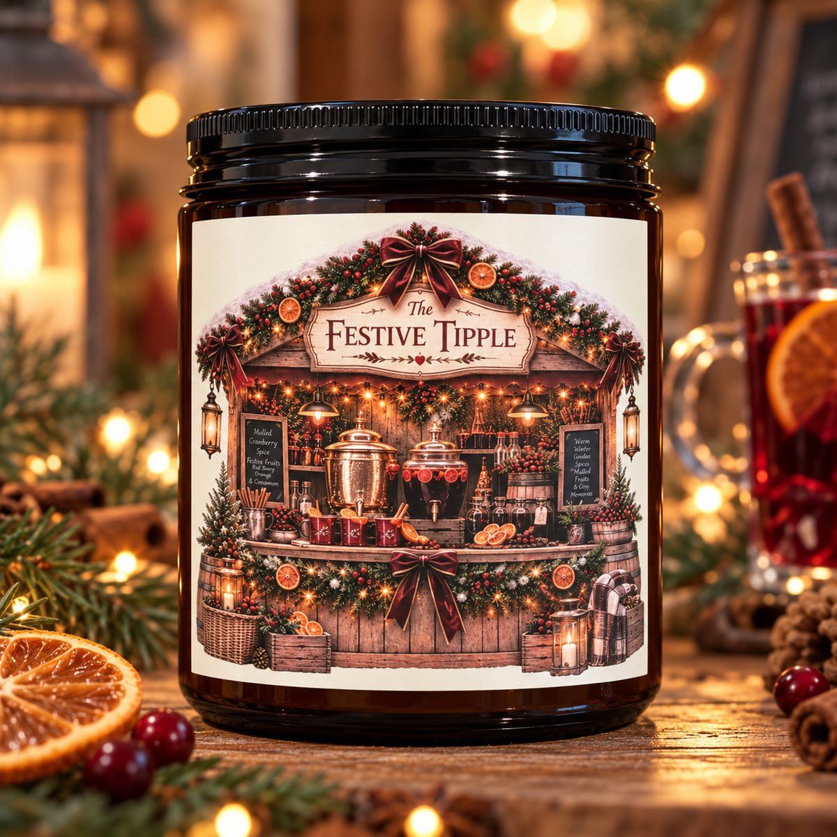 A large black glass jar candle with a black lid and a detailed Christmas market illustration label reading 'The Festive Tipple,' set on a wooden surface with warm holiday lights, ornaments, and a mug in the background.