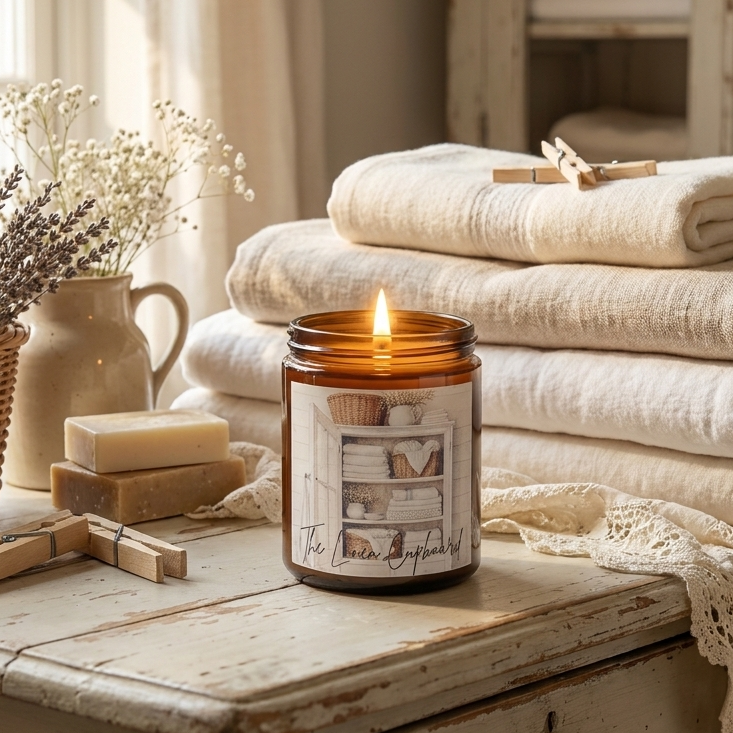 Candle labelled The Linen Cupboard in a decorative jar on a wooden surface with towels and a vase in the background