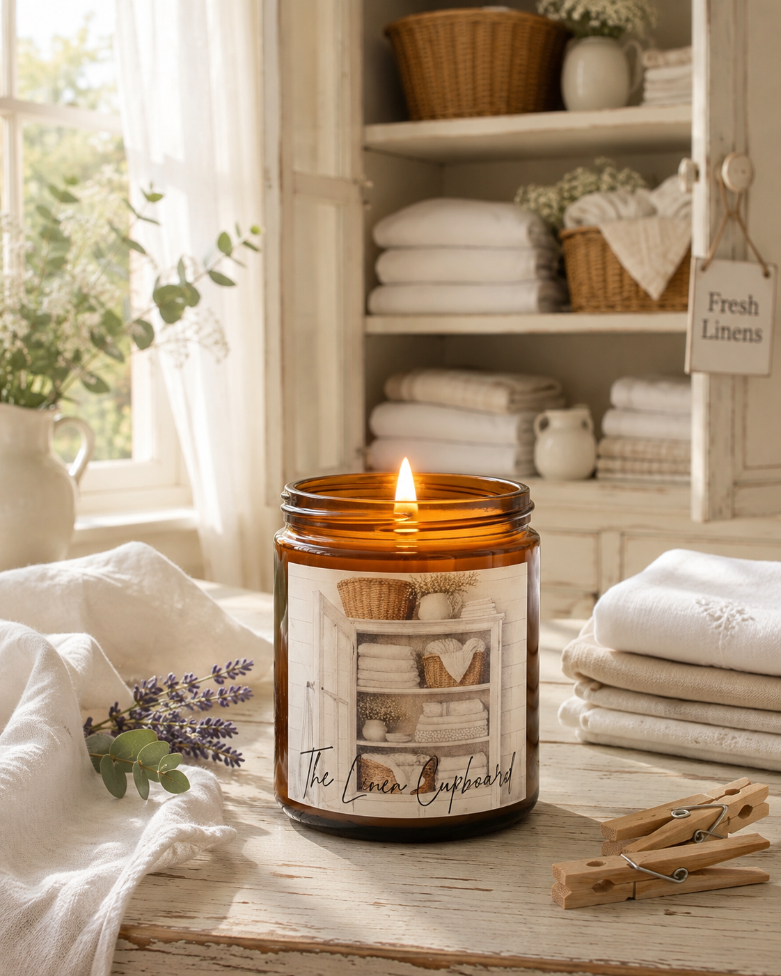 An amber glass jar candle with a lit flame sits on a rustic wooden table in a bright, linen-themed room. The candle label reads 'The Linen Cupboard' and features a vintage-style illustration of shelves filled with linens.