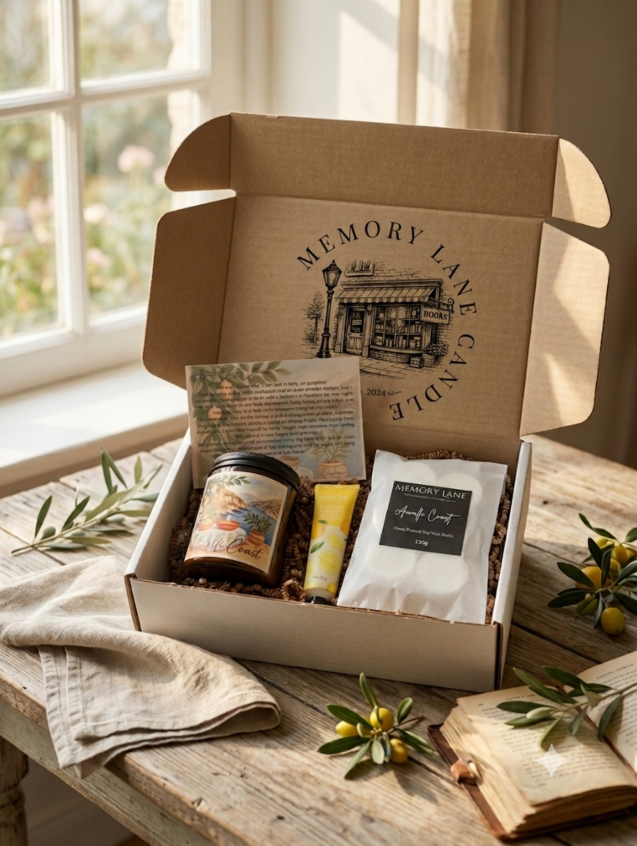 Gift box with candles and other items on a wooden table near a window