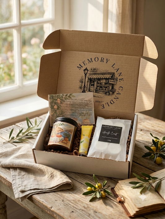 Memory Box Subscription Box with a candle, a pack of wax melts and keepsake on a wooden table near a window