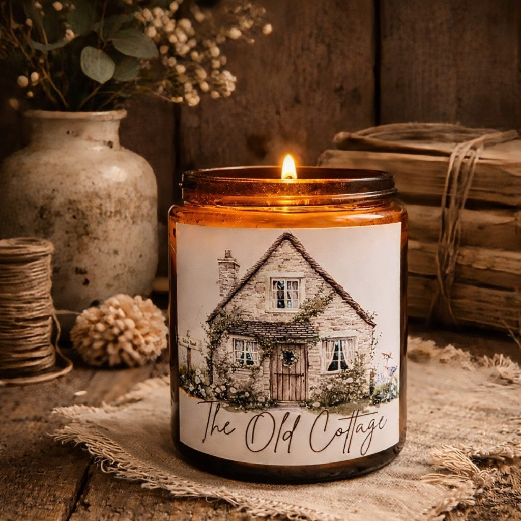Candle labeled 'The Old Cottage' with a rustic setting