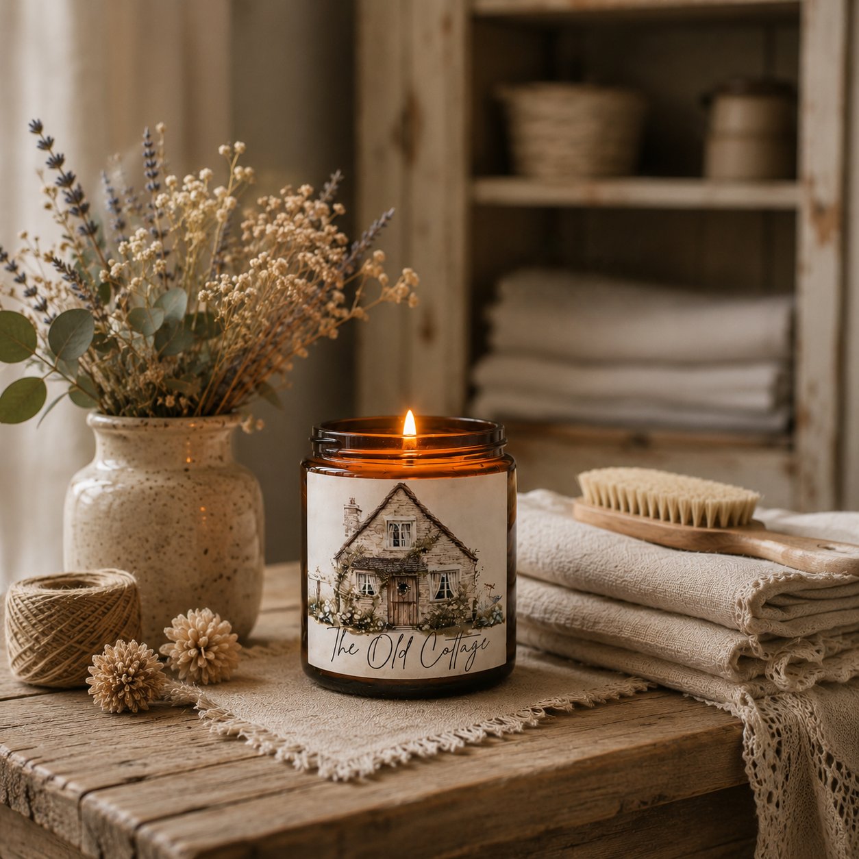 Candle named The Old Cottage on a rustic wooden surface in farmhouse