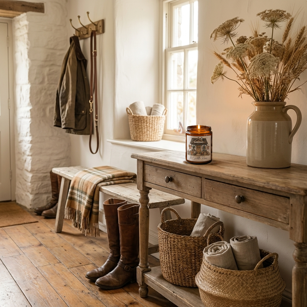 Nostalgic interior with wooden bench, boots, and decorative items in a home setting.