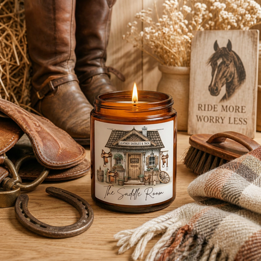 Candle in a jar labelled The Saddle Room on a wooden surface surrounded by rustic items like leather boots, a horse brush, and a horse head sign.