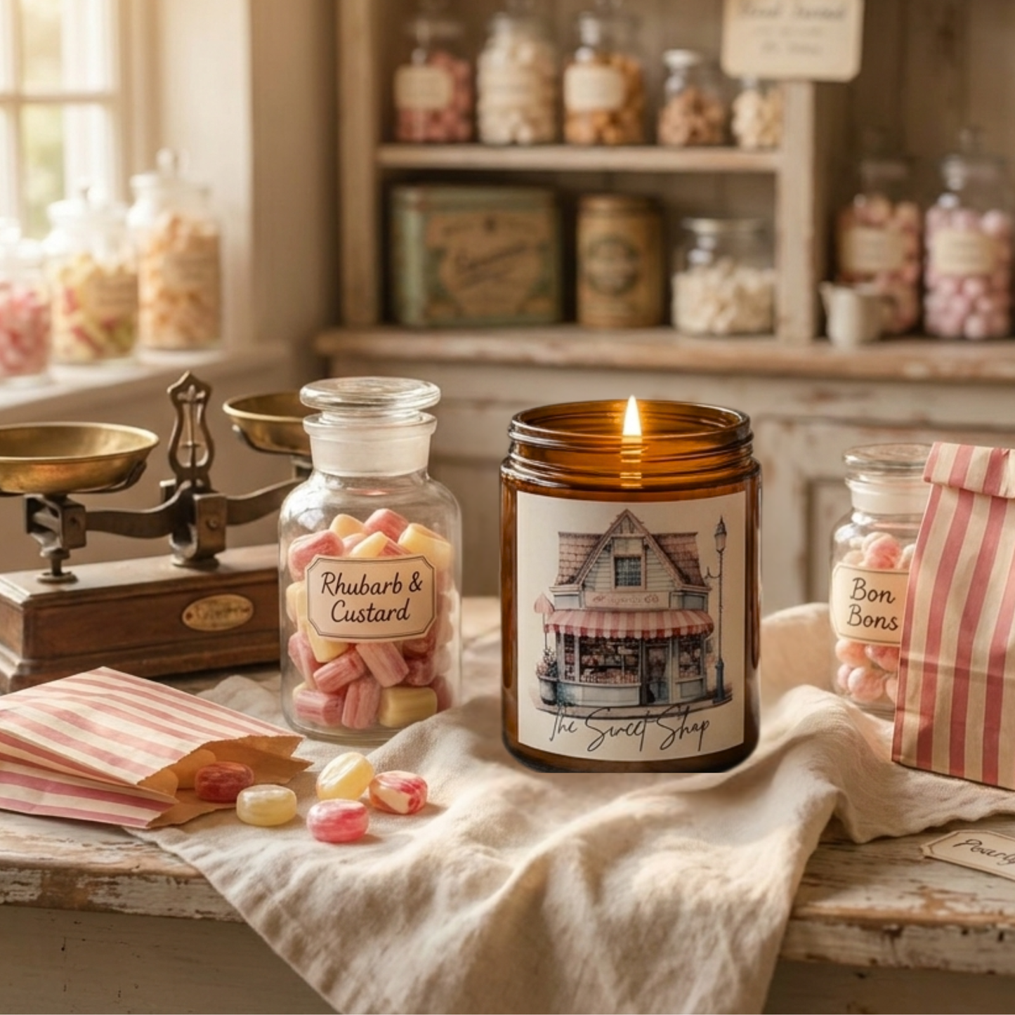 Candle labelled The Sweet Shop on a table with rhubarb & custard sweets and a vintage scale.