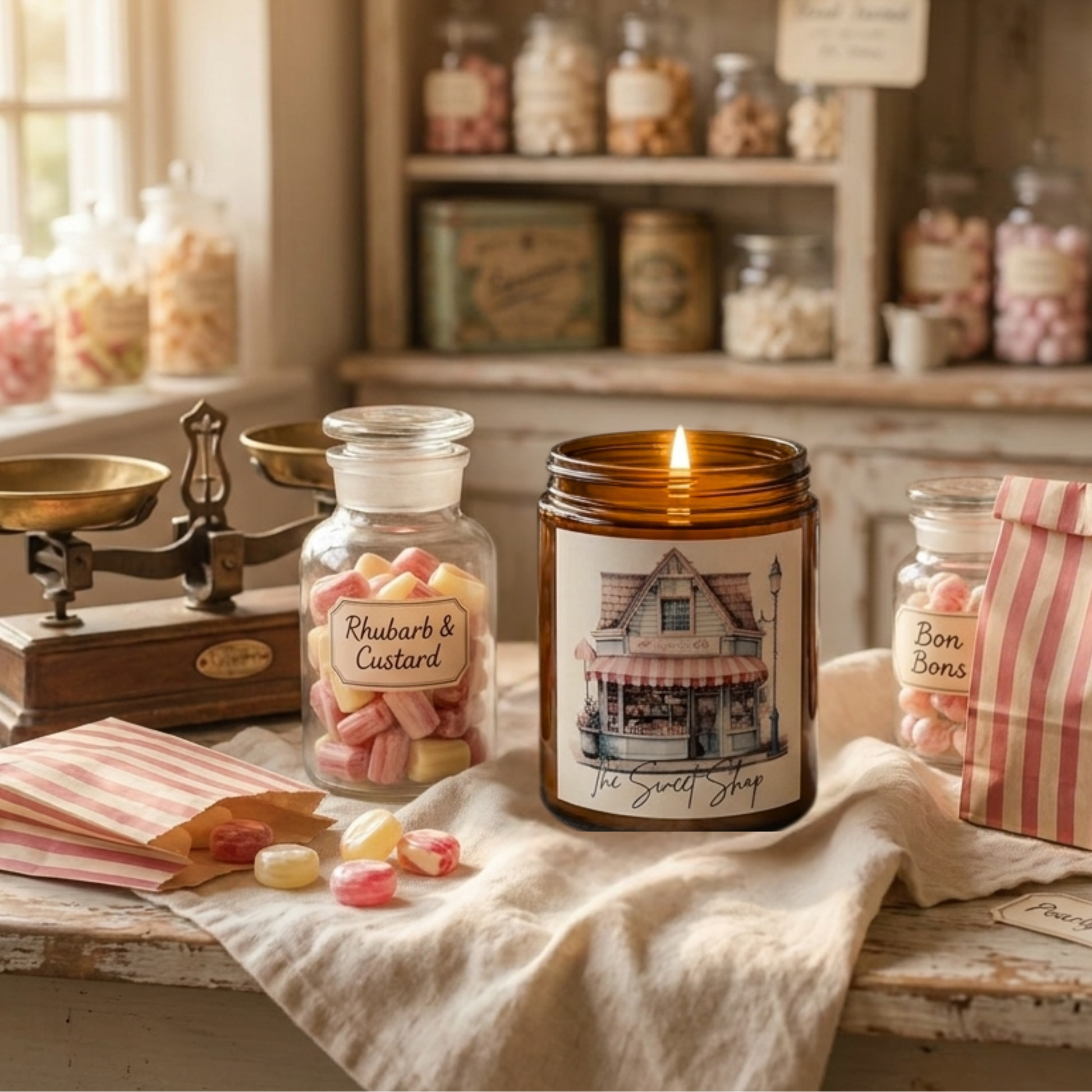 Candle labelled The Sweet Shop on a table with rhubarb & custard sweets and a vintage scale.