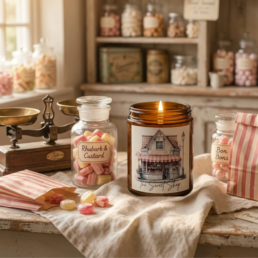 Candle labelled The Sweet Shop on a table with rhubarb & custard sweets and a vintage scale.