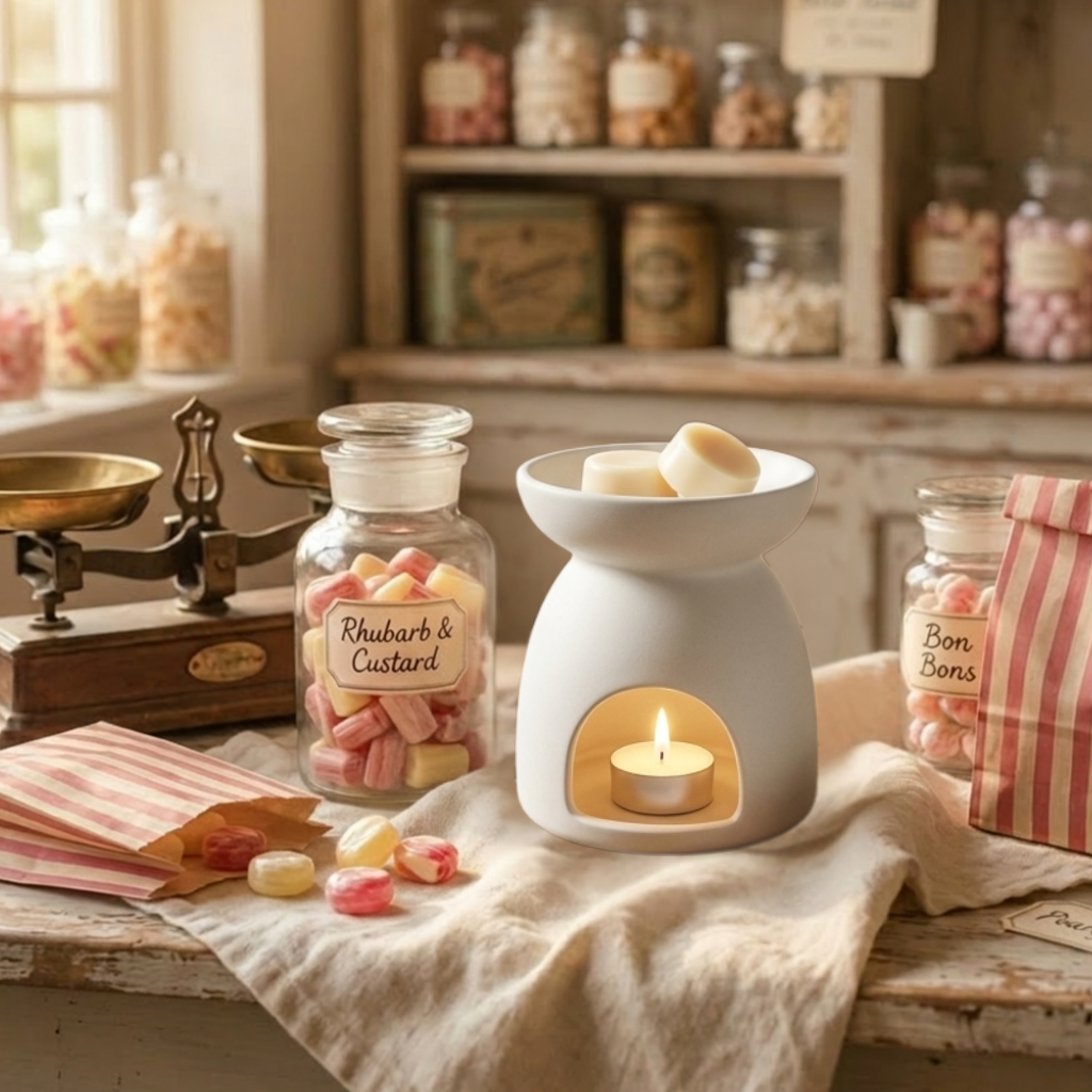 Wax Burner on a table melting The Sweet Shop Wax Melts with a jar of rhubarb & custard sweets