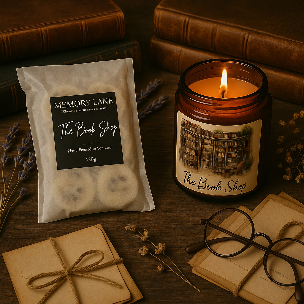 Candle labeled 'The Book Shop' with packaging and vintage items on a wooden surface